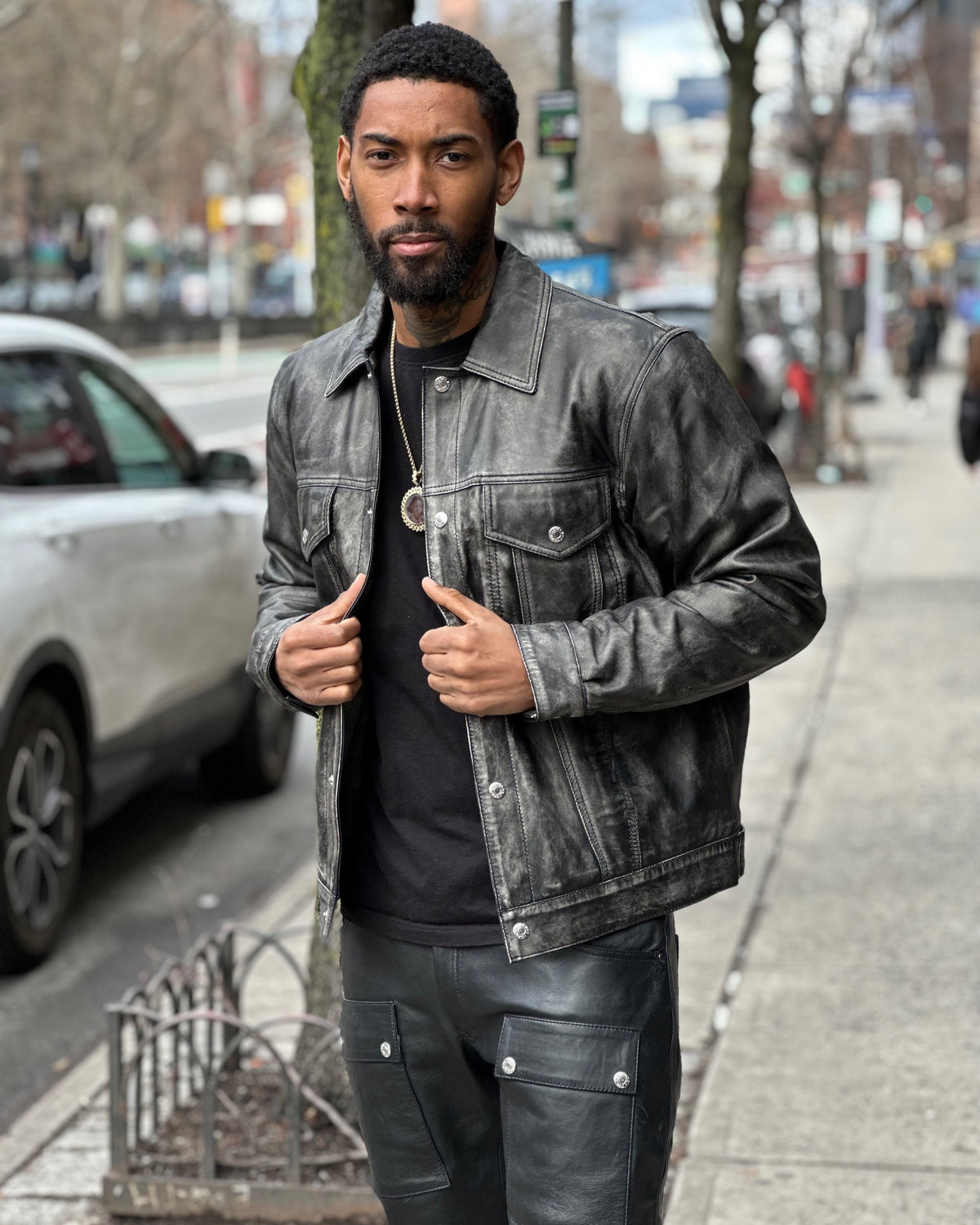 MEN LEATHER DENIM STYLE- DISTRESSED BLACK