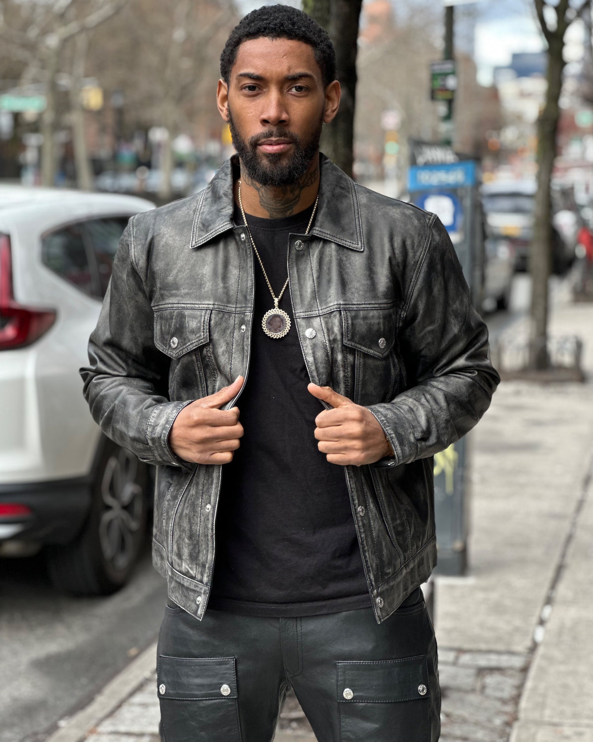 MEN LEATHER DENIM STYLE- DISTRESSED BLACK