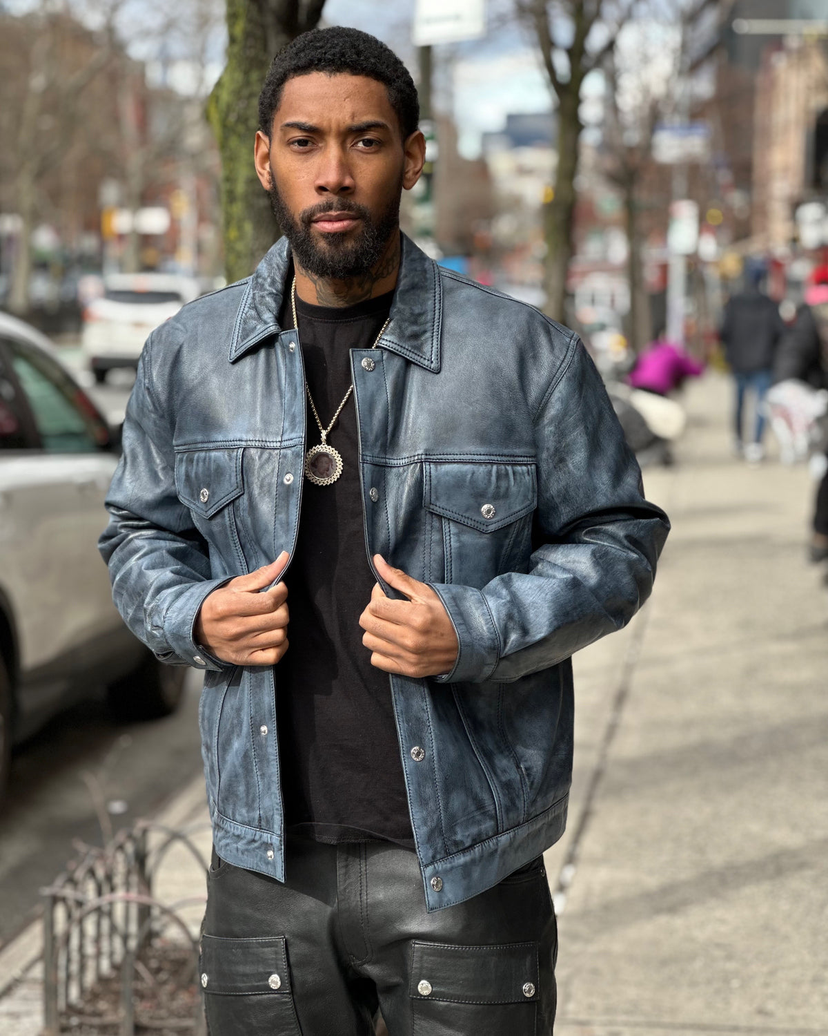 MEN LEATHER DENIM STYLE- DISTRESSED BLUE