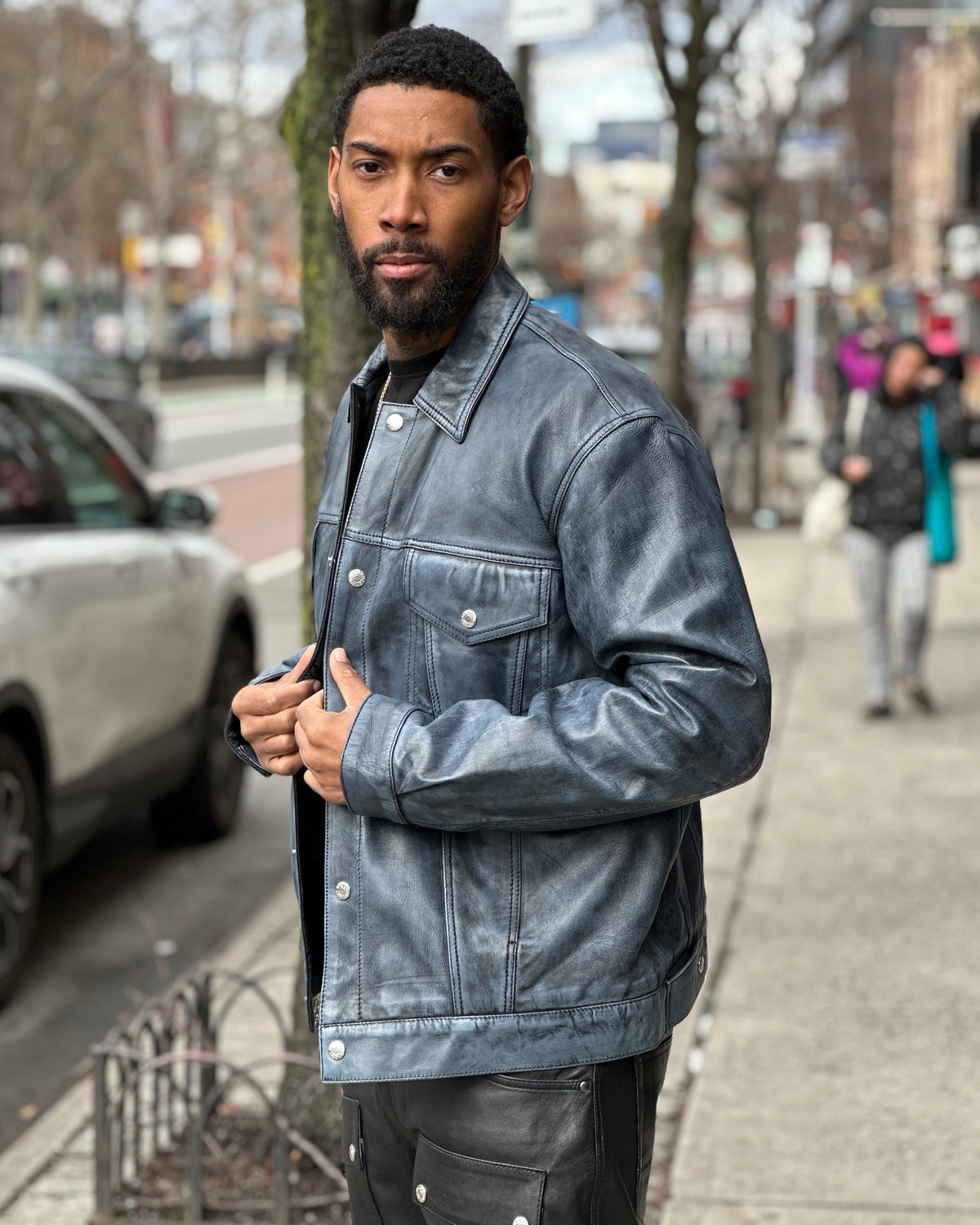MEN LEATHER DENIM STYLE- DISTRESSED BLUE