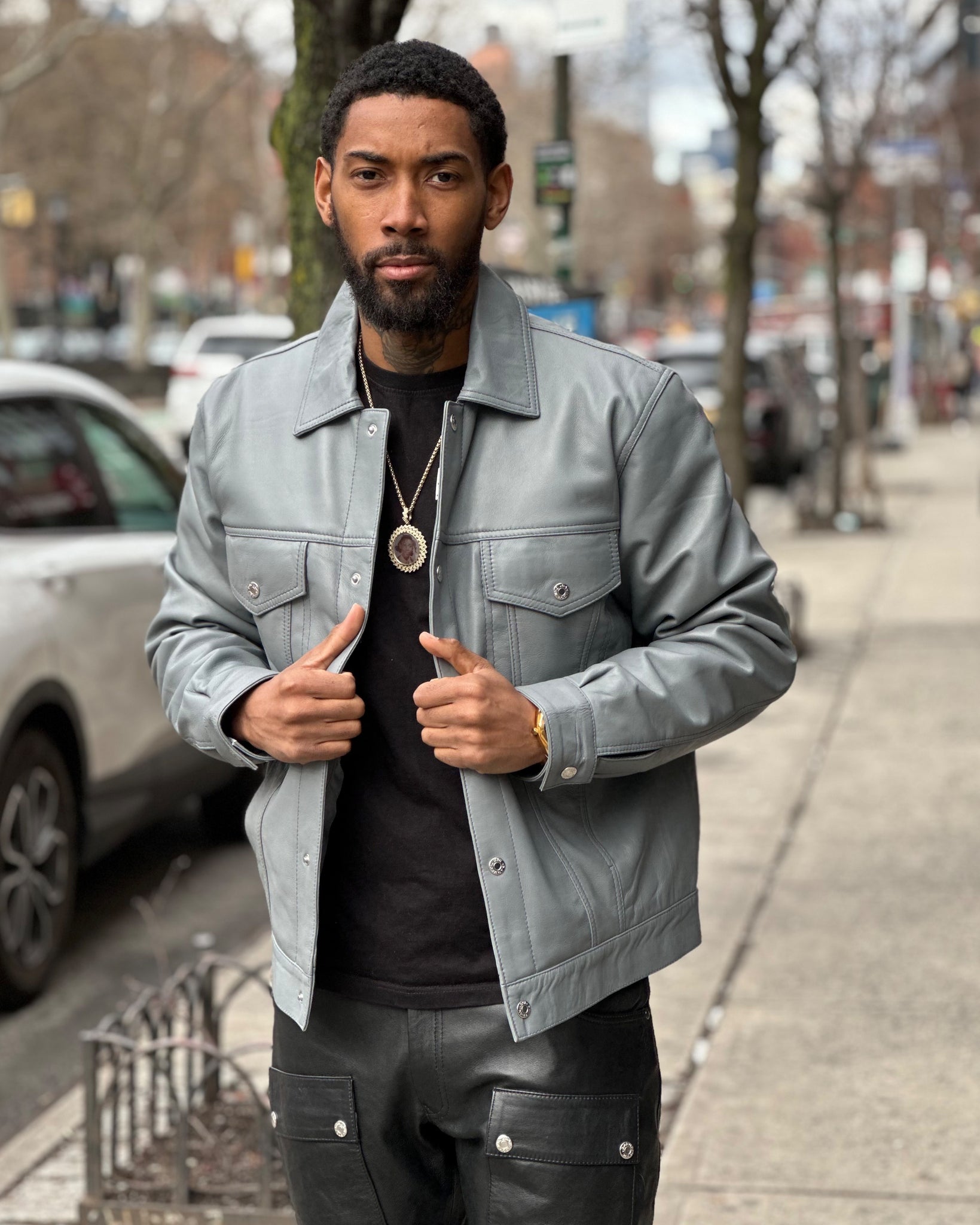 MEN LEATHER DENIM STYLE- GREY