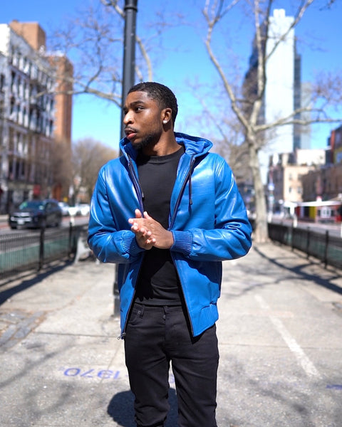MEN LEATHER HOODIE- ROYAL BLUE