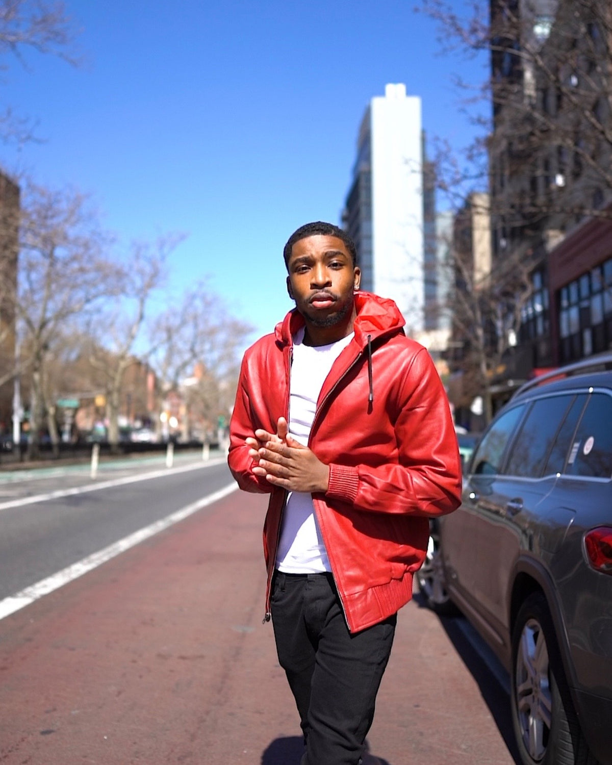 MEN LEATHER HOODIE- RED