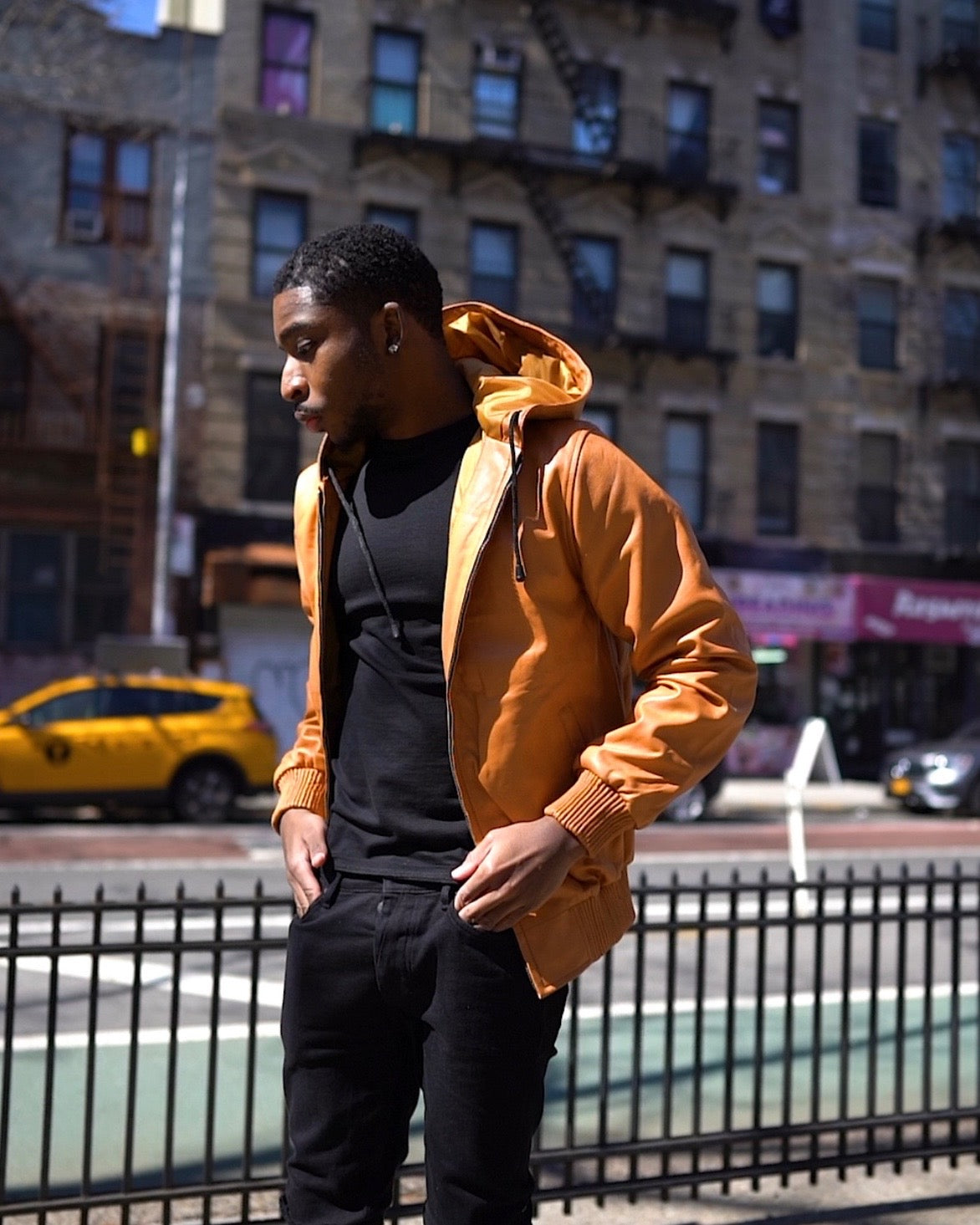MEN LEATHER HOODIE- COGNAC