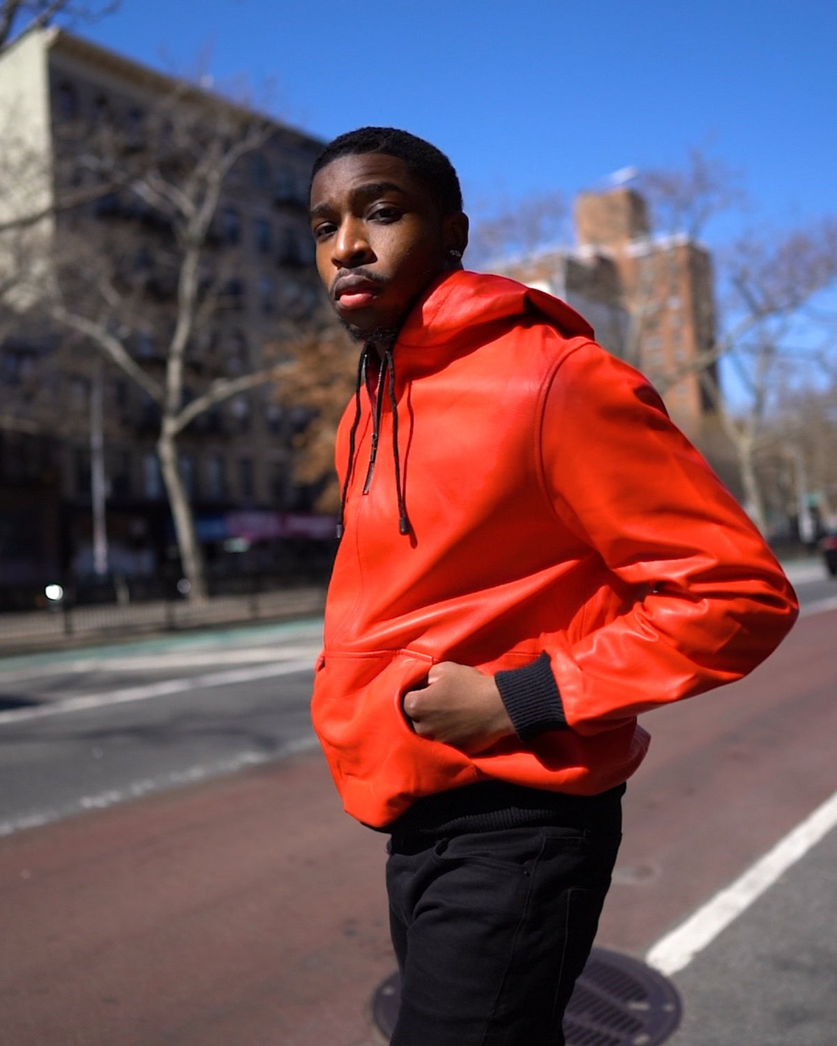 MEN LEATHER PULL OVER HOODIE- RED