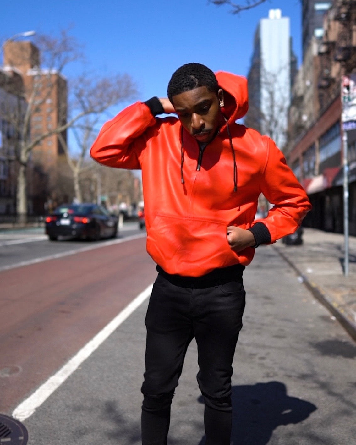 MEN LEATHER PULL OVER HOODIE- RED