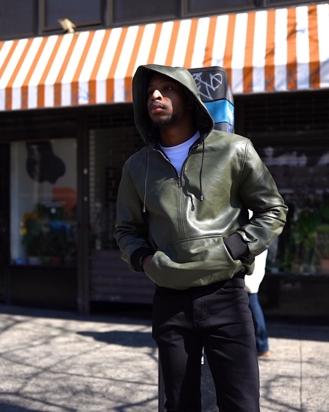 MEN LEATHER PULL OVER HOODIE- GREEN