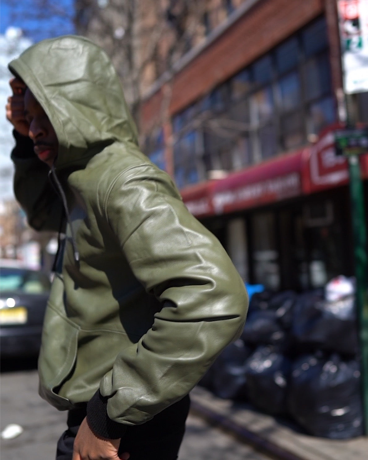 MEN LEATHER PULL OVER HOODIE- GREEN