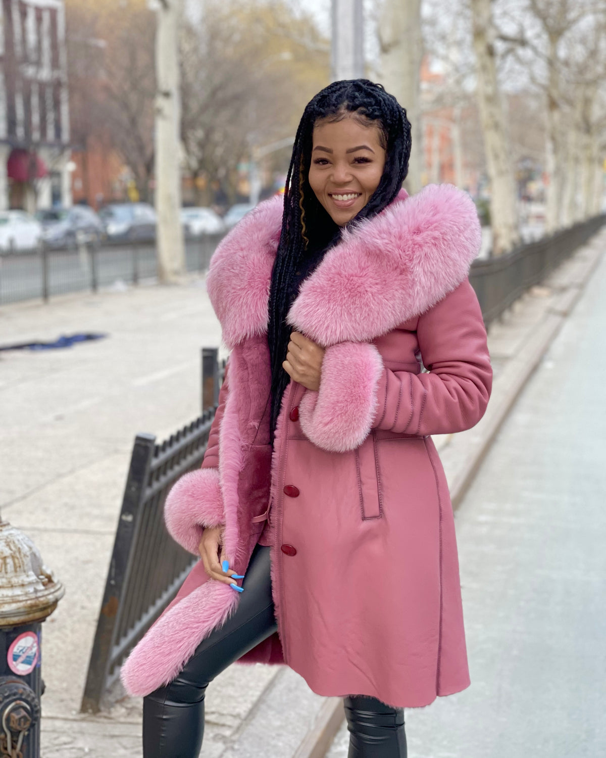 WOMEN SHEARLING- 3/4 LONG PINK SHEARLING WITH PINK FOX FUR AND HOOD