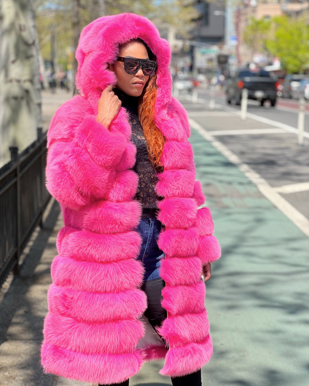 WOMEN -  3/4 HOT PINK FOX FUR WITH HOOD
