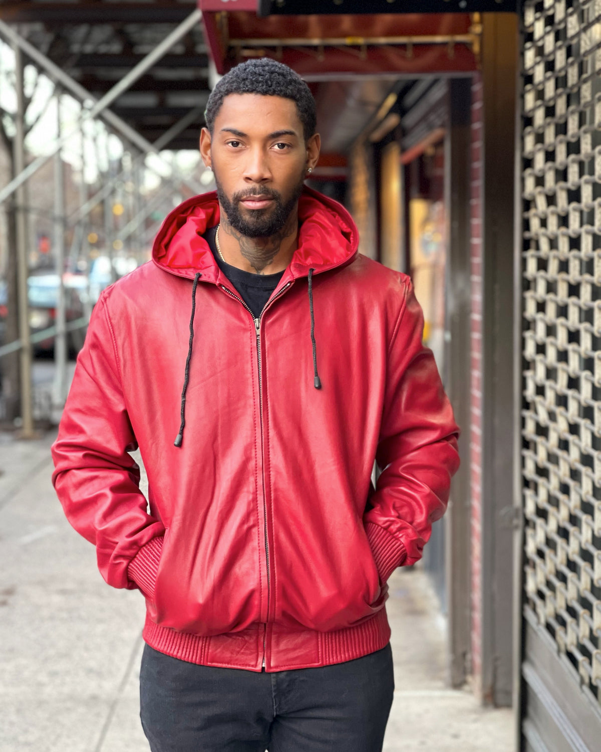 MEN LEATHER HOODIE- RED