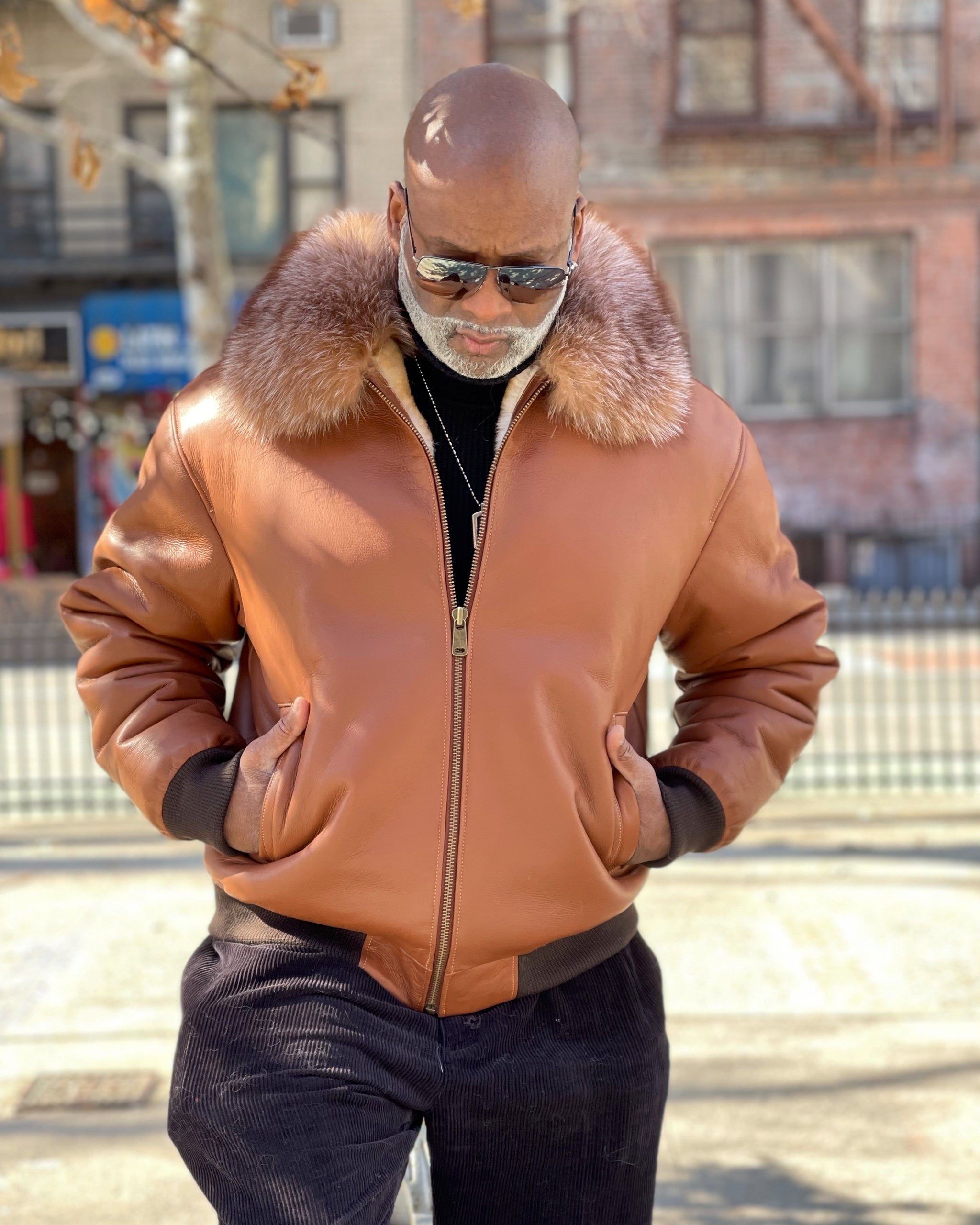 MEN SHEARLING- COGNAC BASEBALL STYLE BOMBER WITH FOX FUR – DaRucci