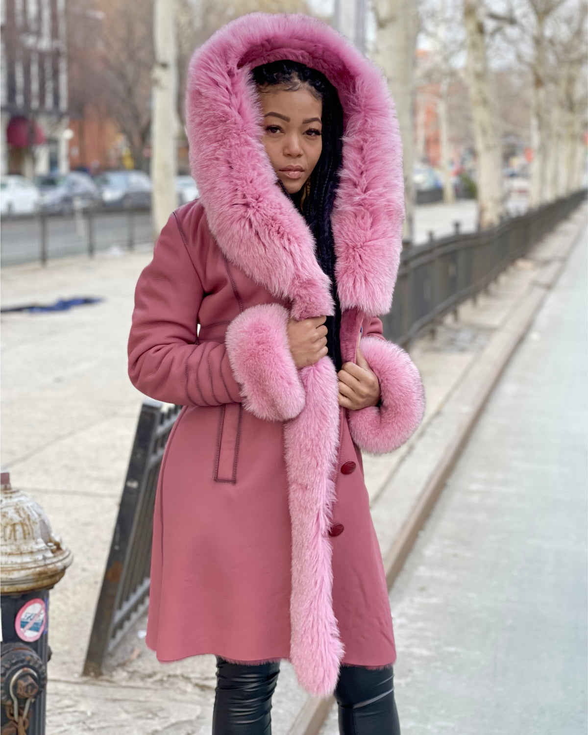 WOMEN SHEARLING- 3/4 LONG PINK SHEARLING WITH PINK FOX FUR AND HOOD