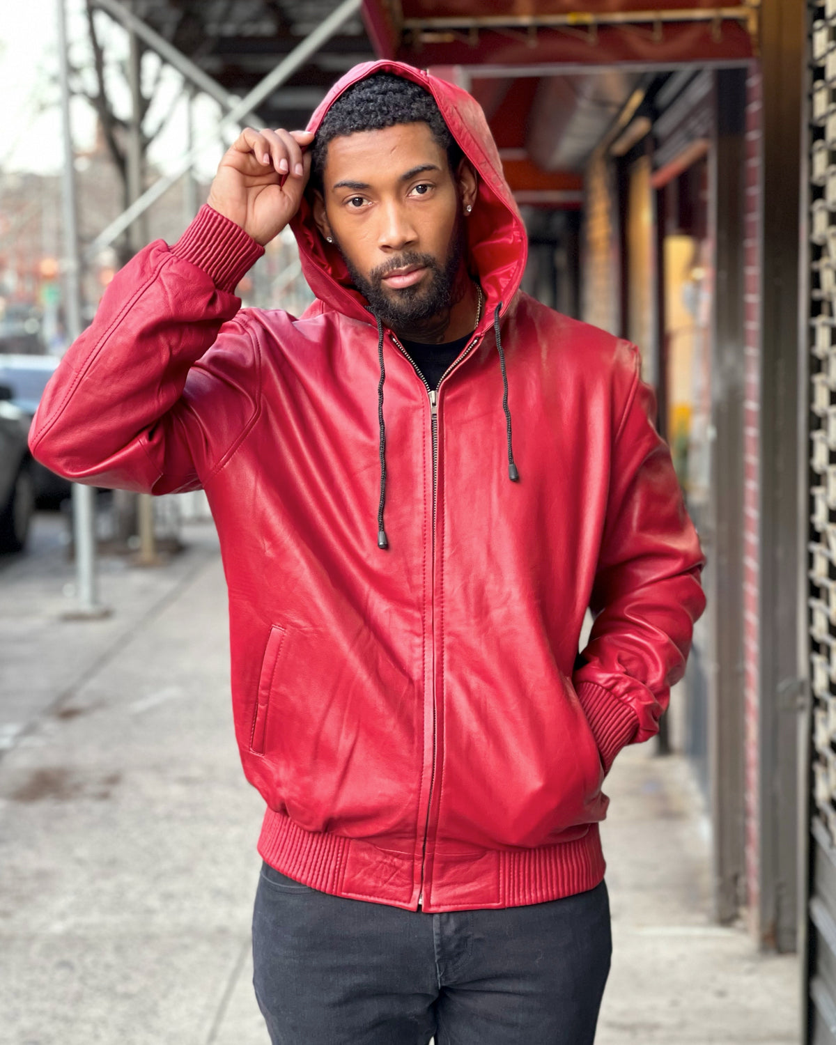 MEN LEATHER HOODIE- RED