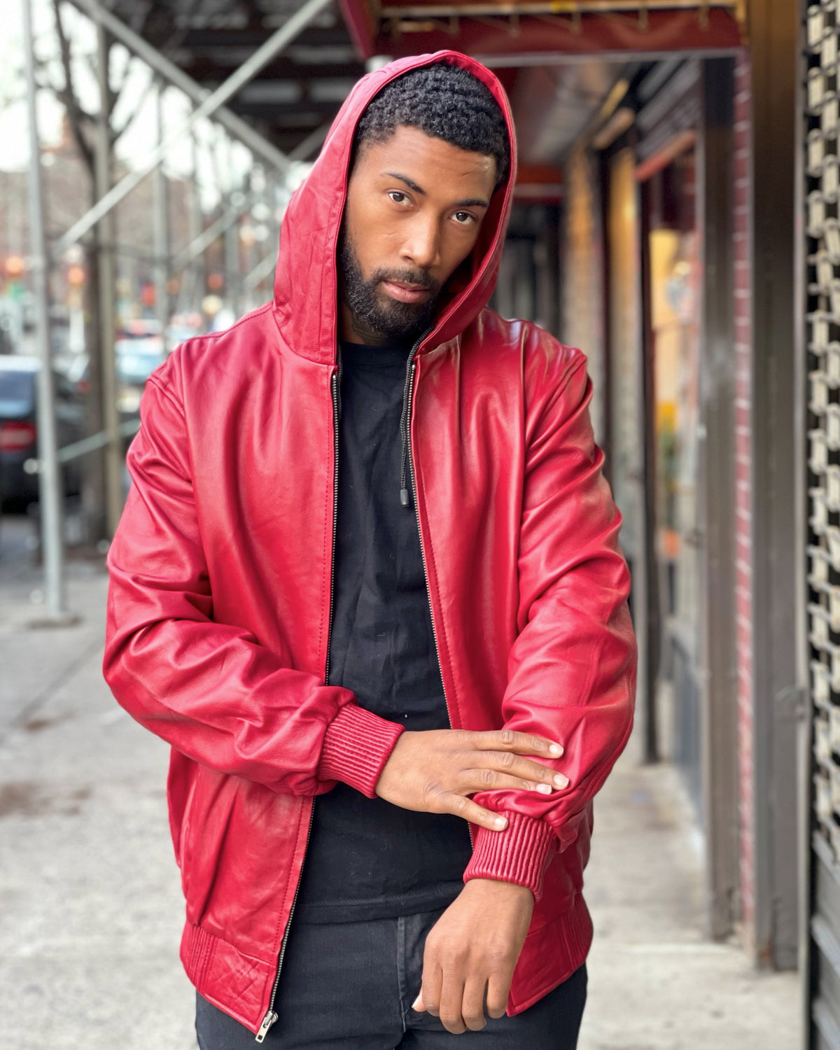 MEN LEATHER HOODIE- RED