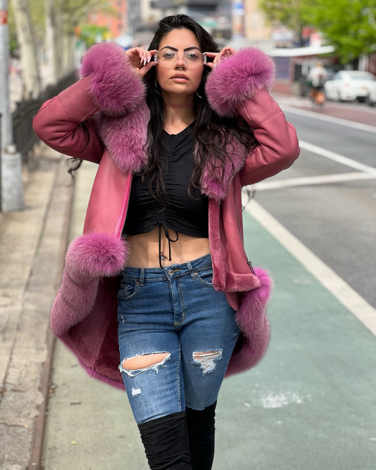 WOMEN SHEARLING- PINK LONG LENGTH WITH PINK FOX FUR