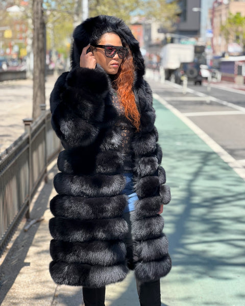 WOMEN 3/4 BLACK FOX FUR WITH HOOD – DaRucci Leather