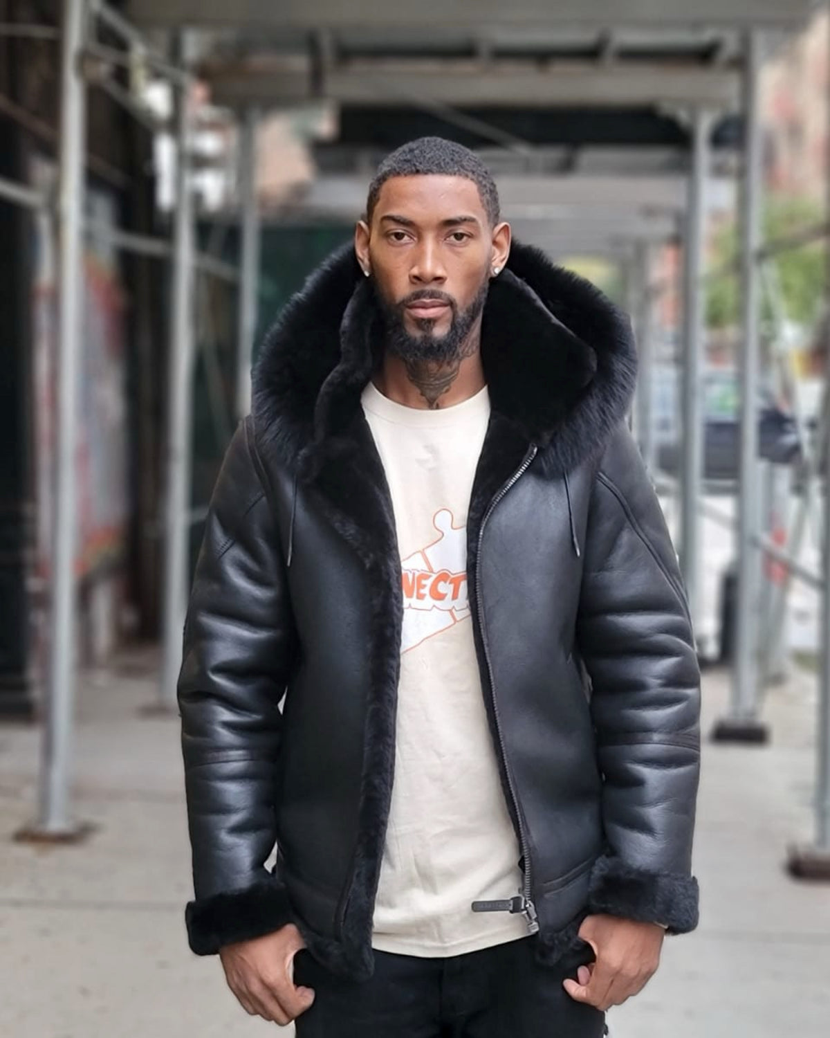 MEN SHEARLING-  BLACK BOMBER STYLE WITH BLACK FOX FUR HOOD