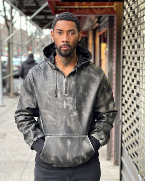 MEN LEATHER PULL OVER HOODIE- DISTRESSED BLACK