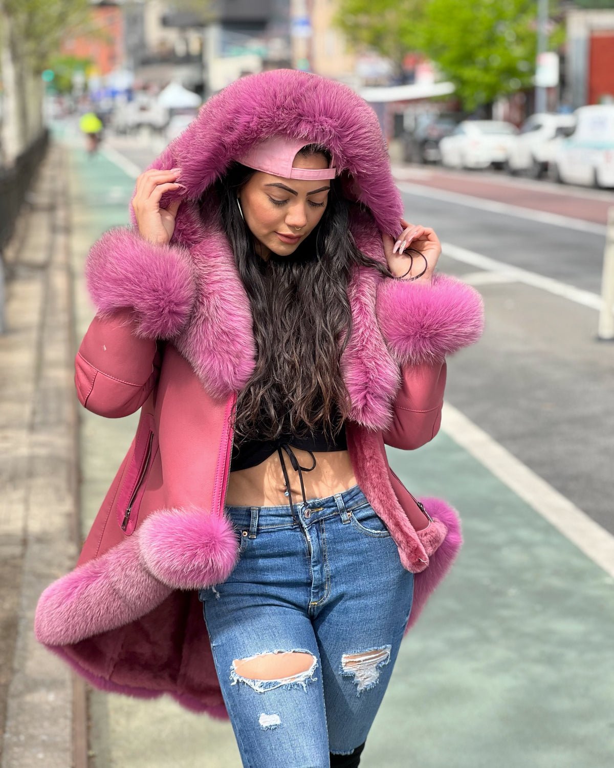 WOMEN SHEARLING- PINK LONG LENGTH WITH PINK FOX FUR