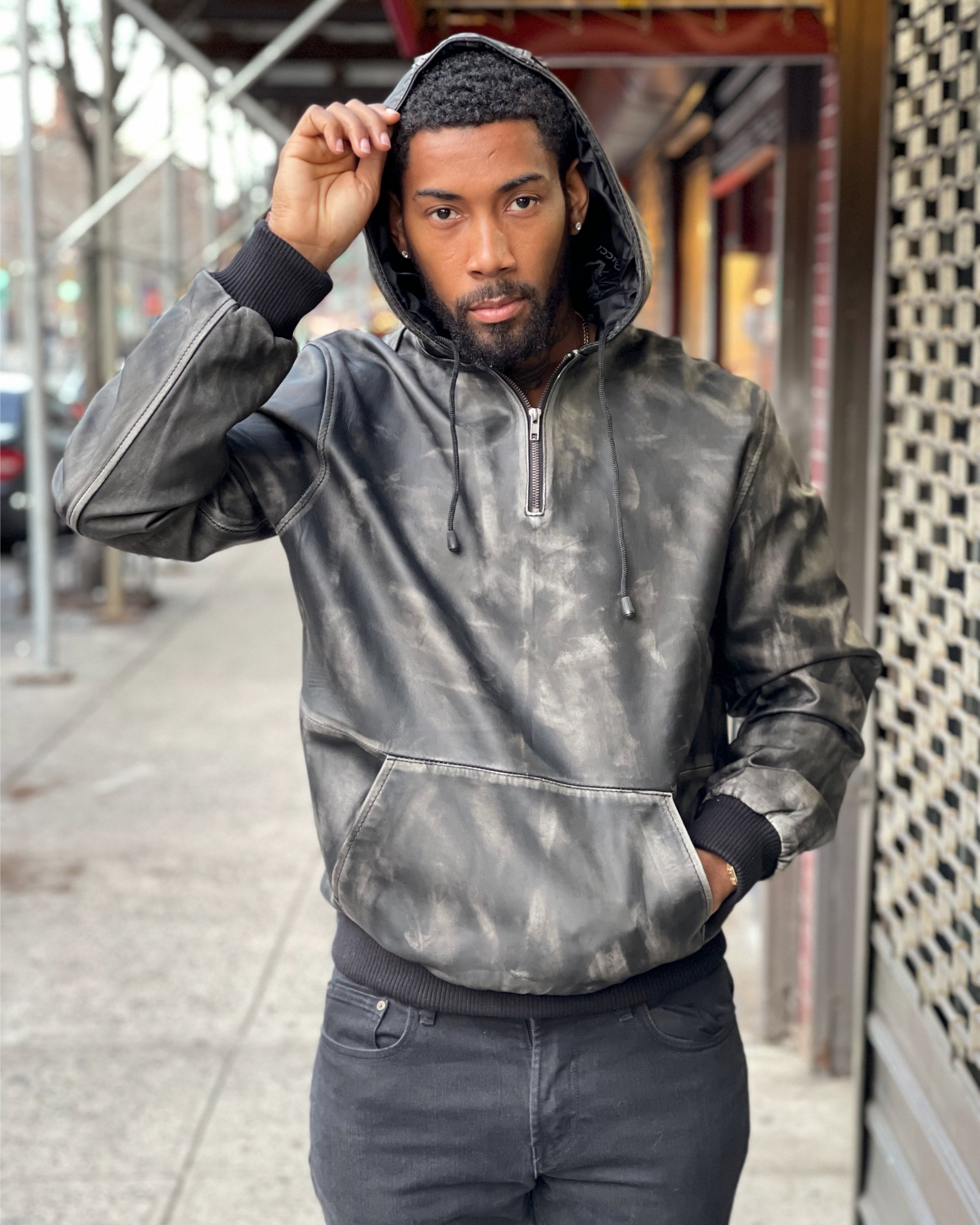 MEN LEATHER PULL OVER HOODIE- BLACK – DaRucci Leather