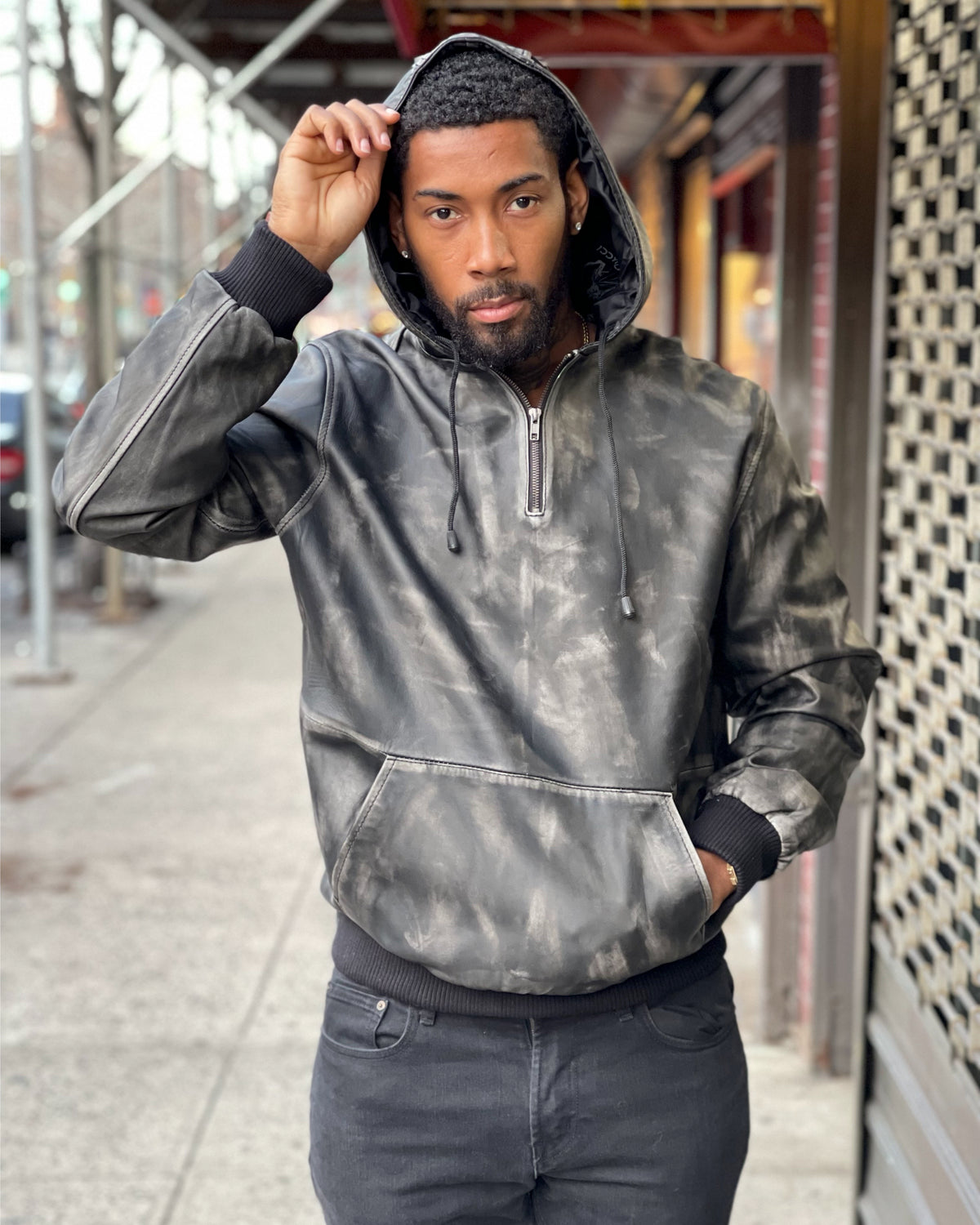 MEN LEATHER PULL OVER HOODIE- DISTRESSED BLACK