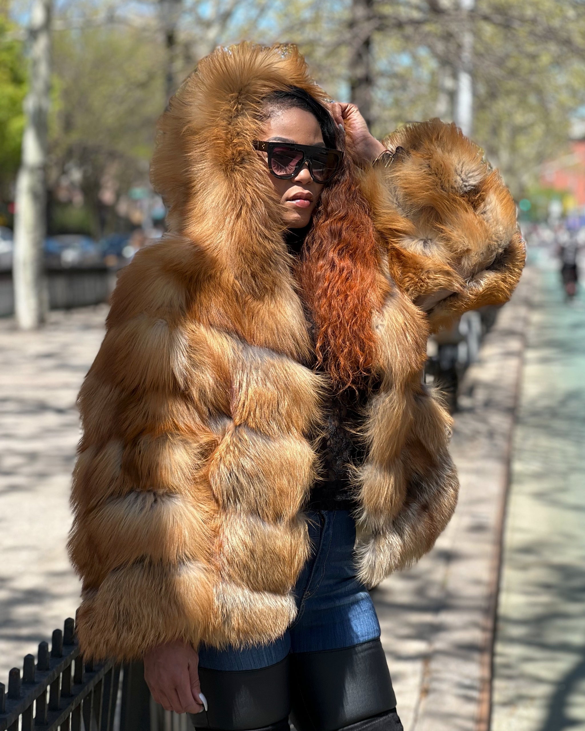 Red fox fur coat with hood on sale