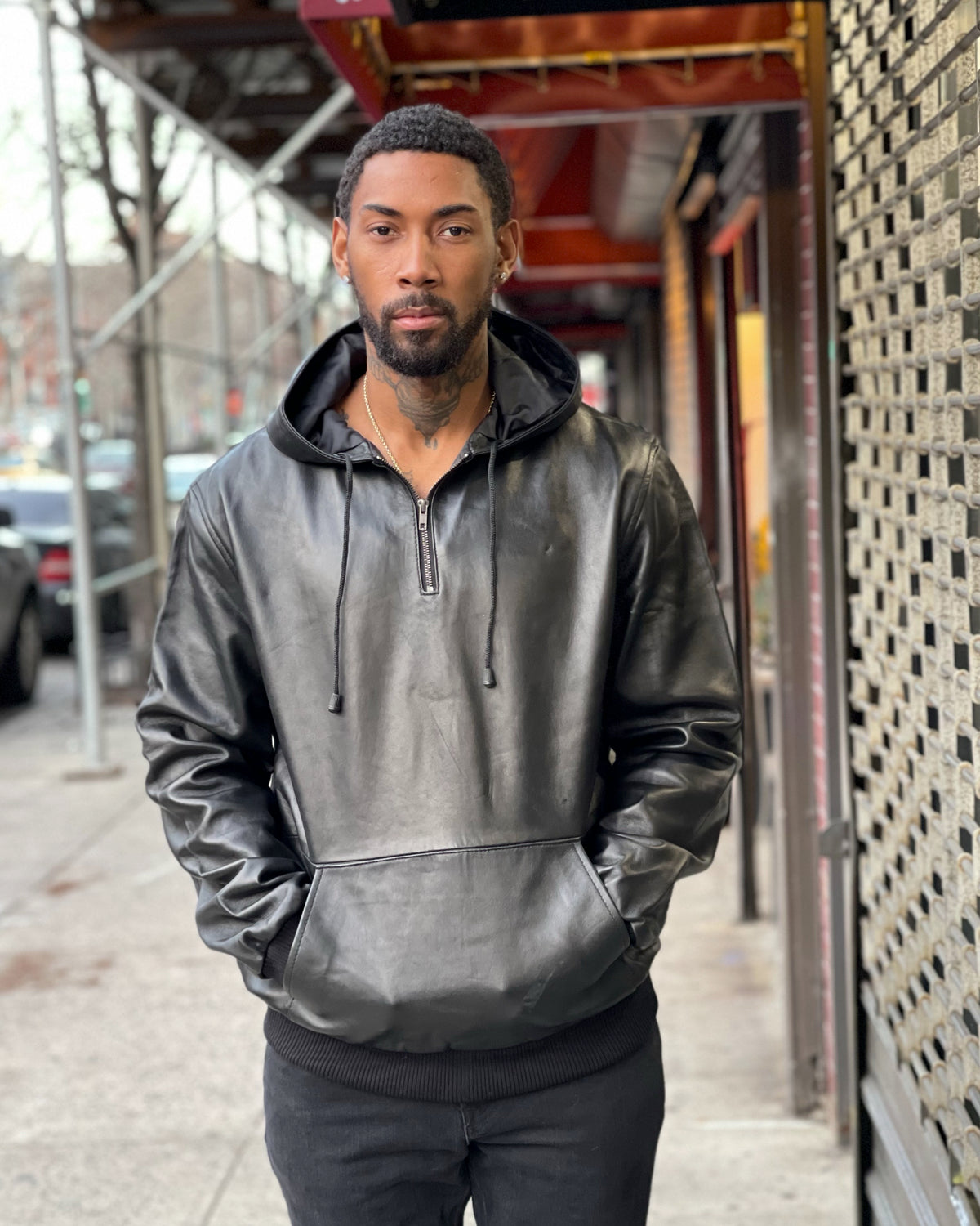 MEN LEATHER PULL OVER HOODIE- BLACK