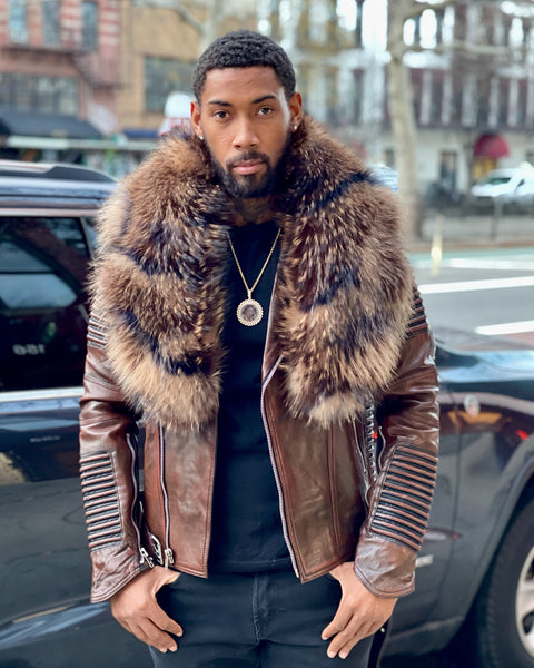 MEN WAX BROWN- BIKER RIBBLES WITH MIX FOX FUR – DaRucci Leather