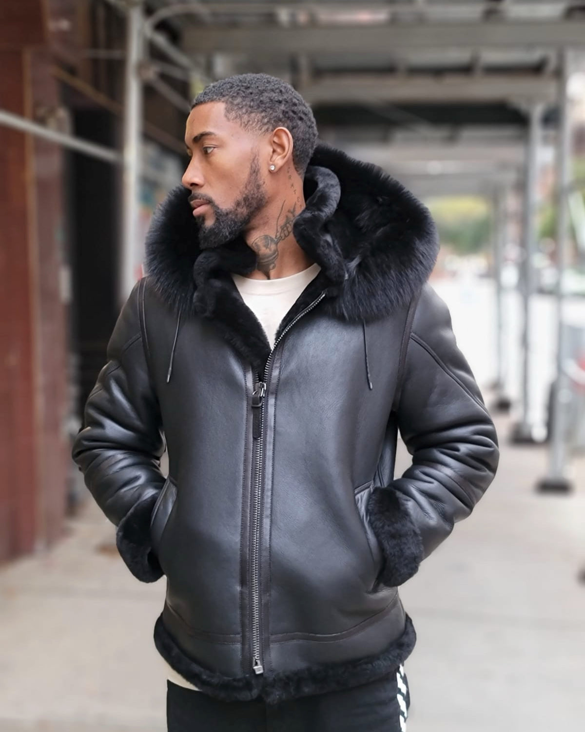 MEN SHEARLING-  BLACK BOMBER STYLE WITH BLACK FOX FUR HOOD