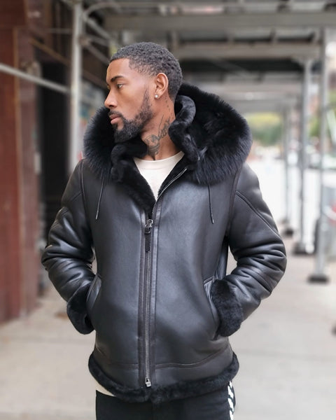 MEN SHEARLING- BLACK BOMBER STYLE WITH BLACK FOX FUR HOOD – DaRucci Leather