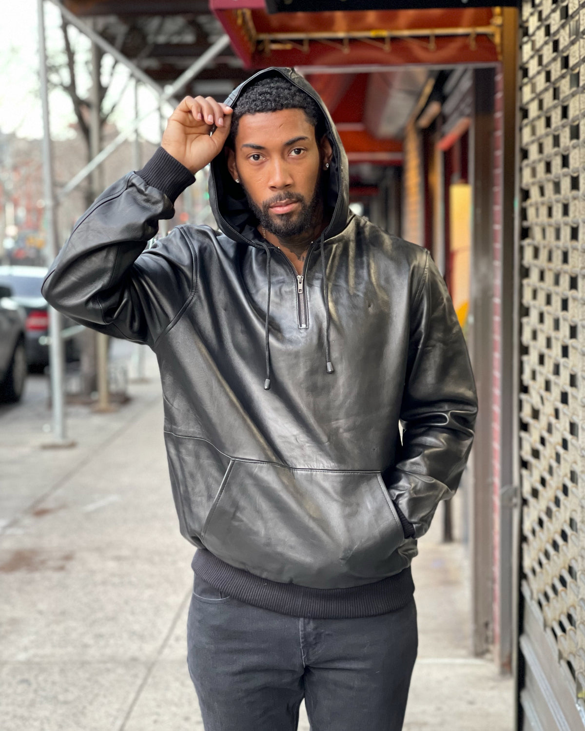 MEN LEATHER PULL OVER HOODIE- BLACK