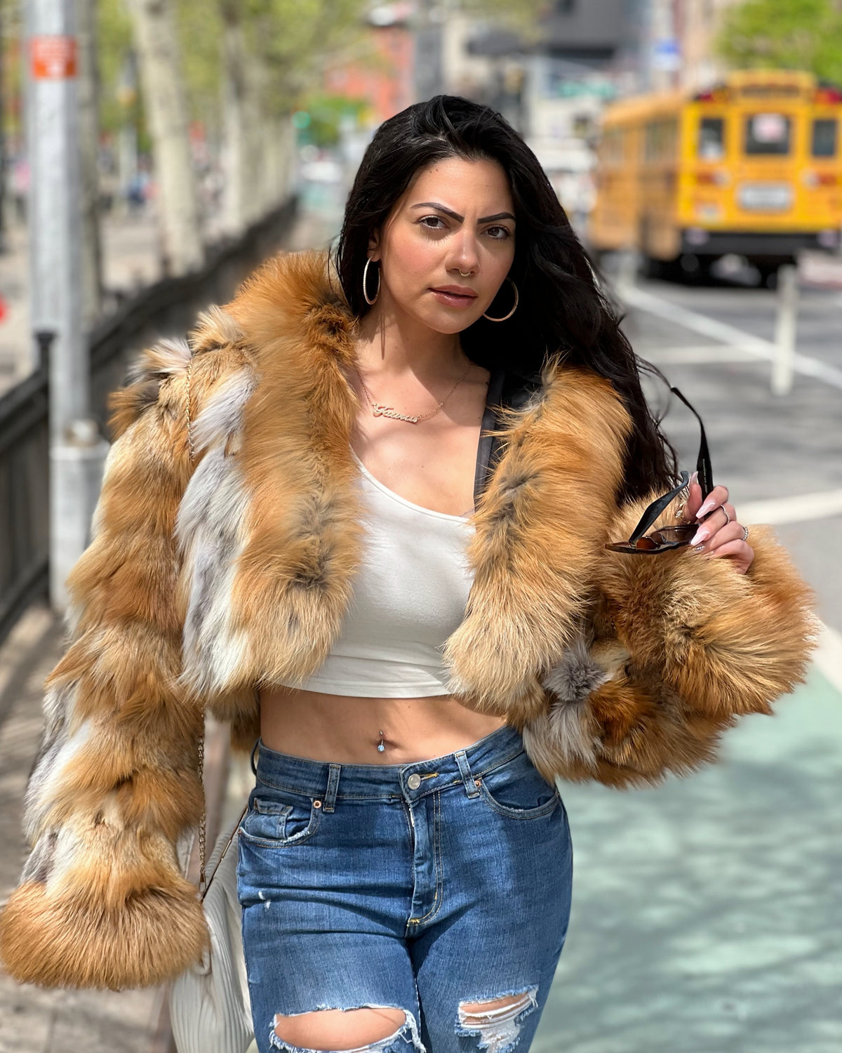 WOMEN -  NATURAL RED FOX BOMBER WITH HOOD