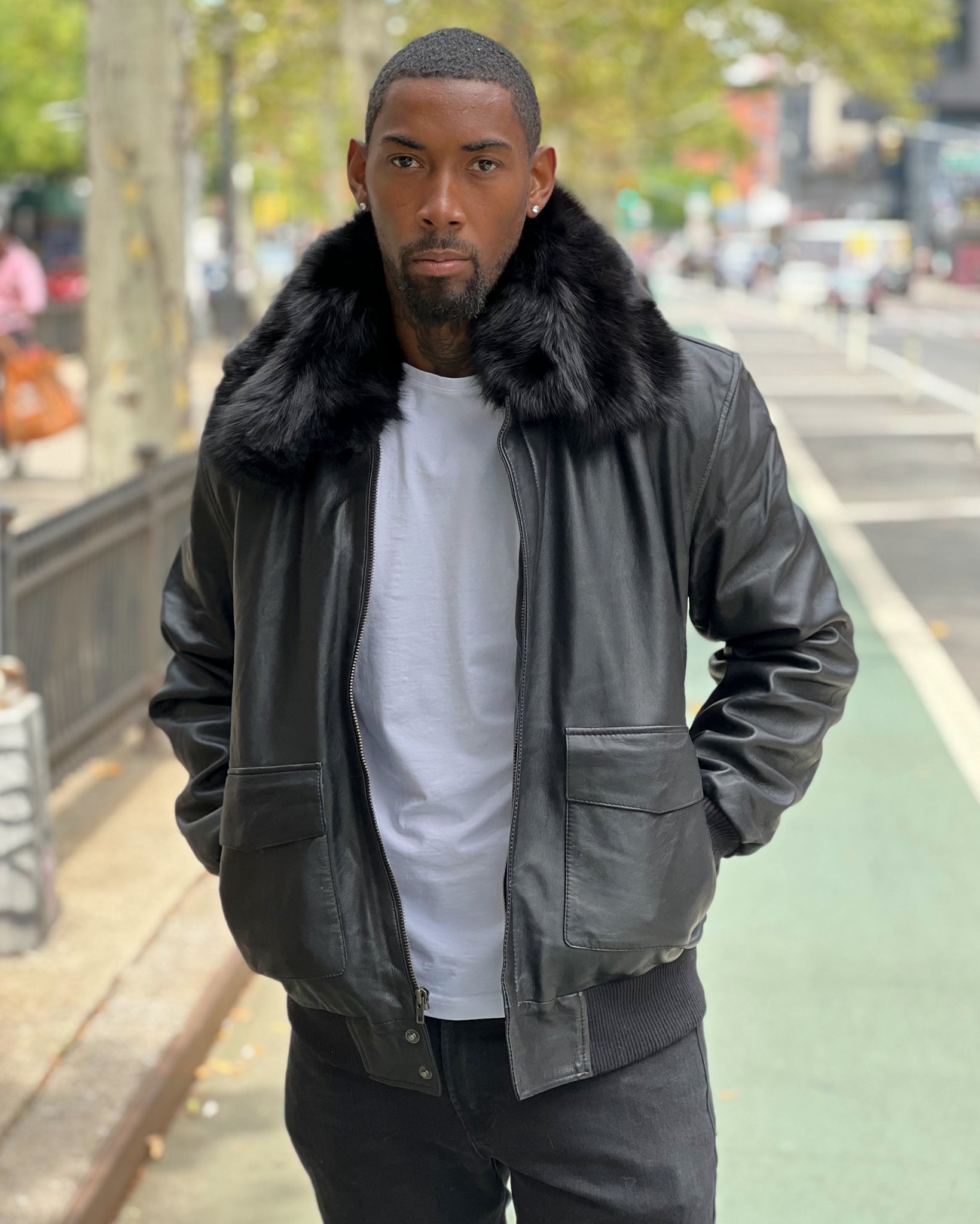 Mens Leather Jacket With Fur Collar Flight Jacket Leather Look