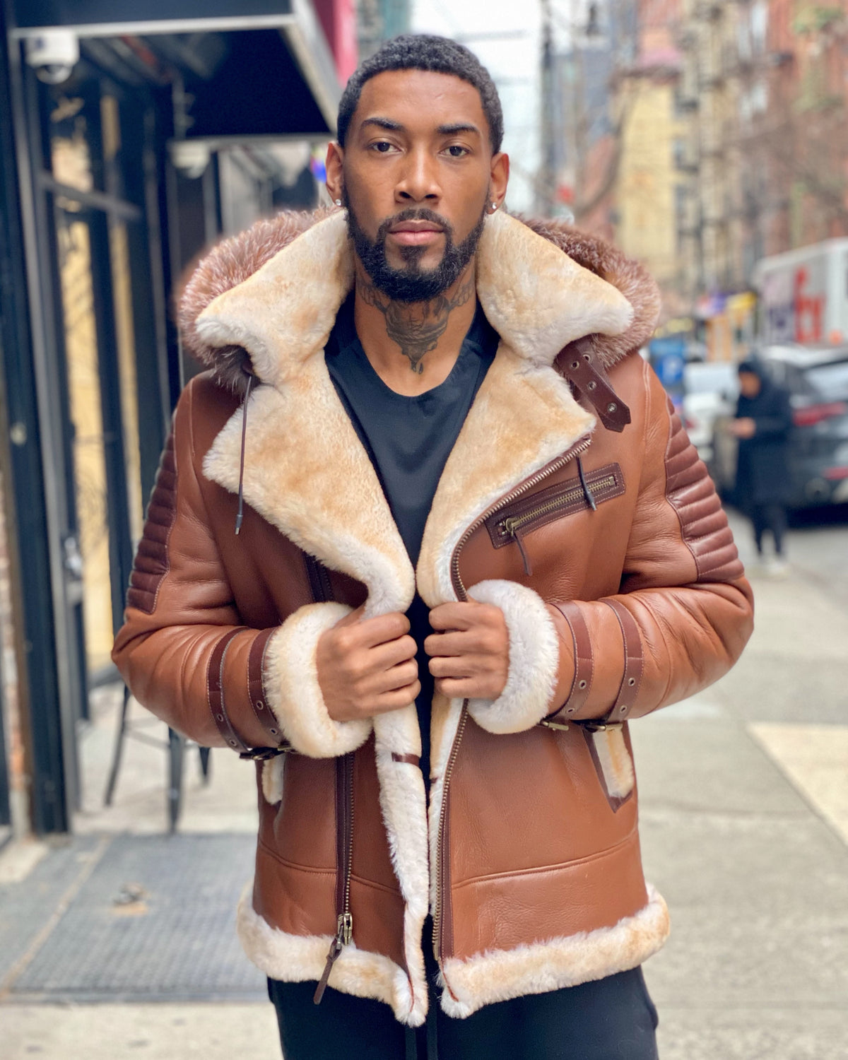MEN SHEARLING-  TAN RIBBLES SHEARLING WITH FOX HOOD