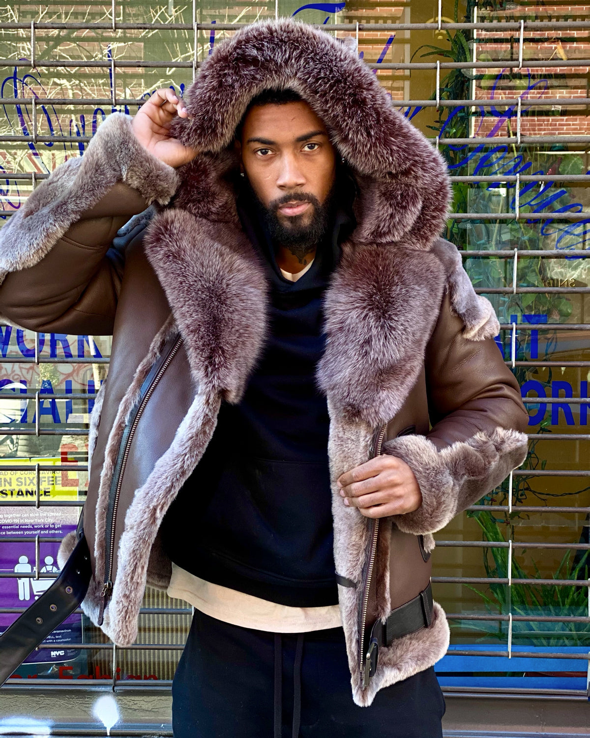 MEN SHEARLING- BROWN BIKER STYLE WITH BROWN FOX FUR & HOOD
