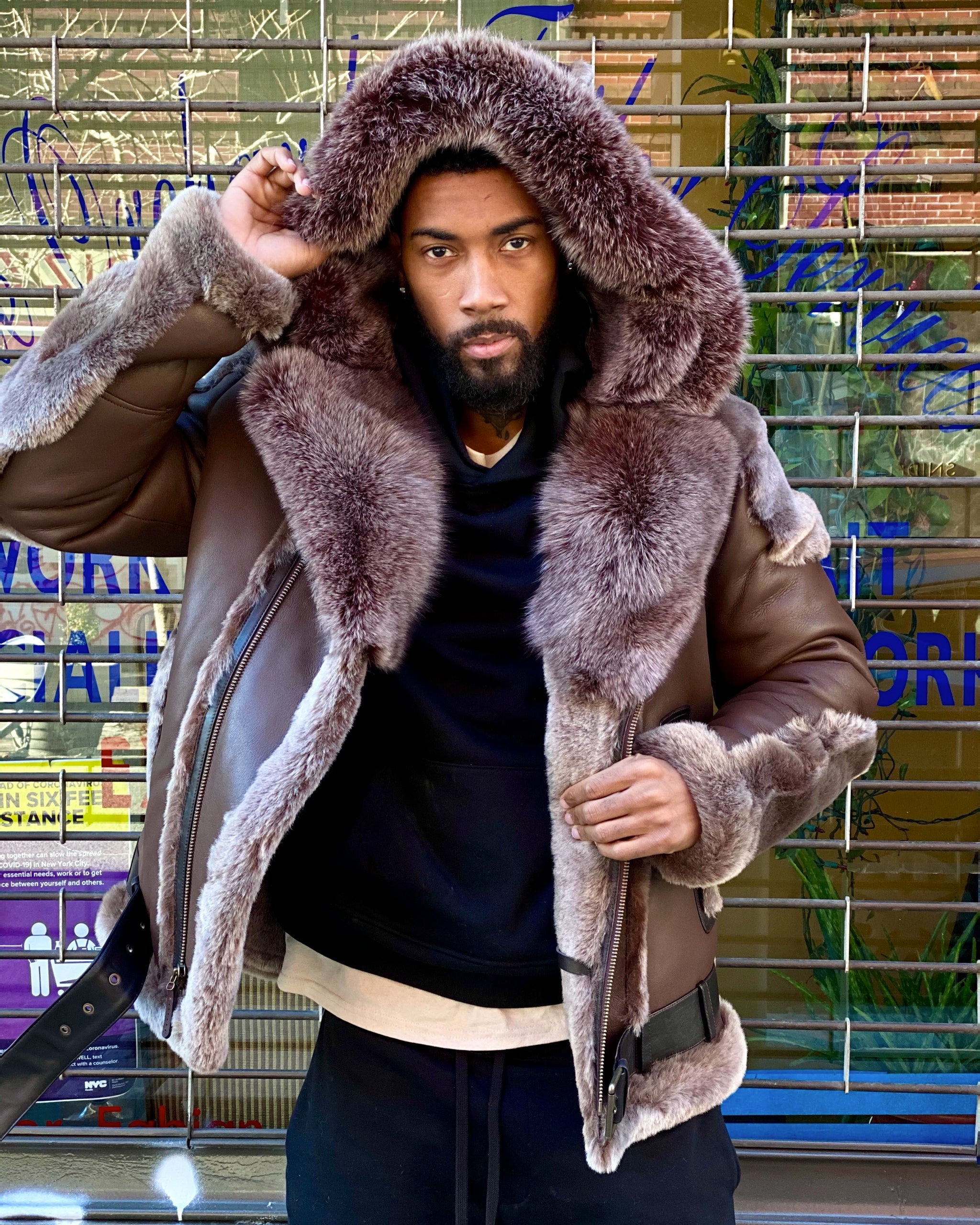 マスキュロ　ライダース　リアルファー　MASCULO MEN SHEARLING- BROWN BIKER STYLE WITH BROWN FOX FUR & HOOD
