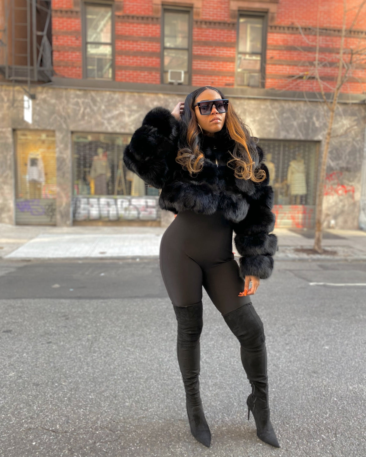 WOMEN CROP TOP-  BLACK FOX FUR WITH HOOD