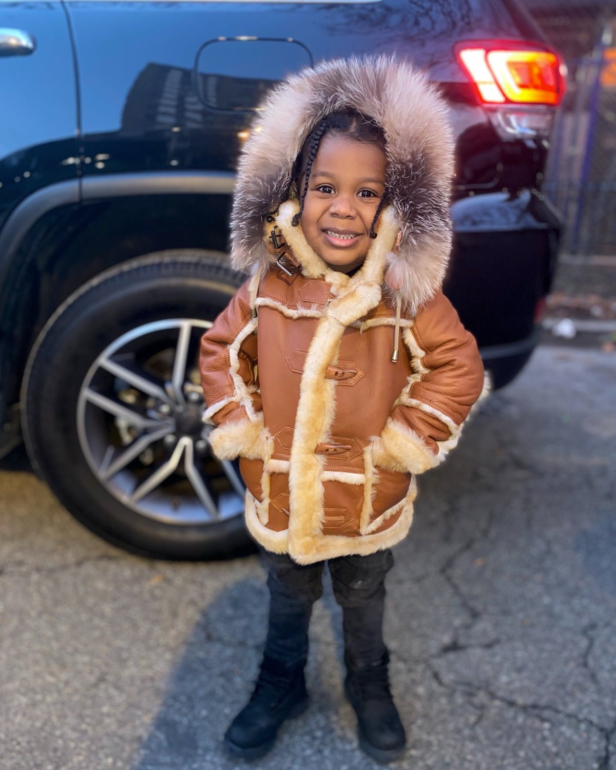 KIDS- COGNAC 3/4 SHEARLING WITH CRYSTAL FOX FUR HOOD