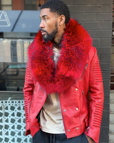 MEN BIKER RIBBLES- DISTRESSED RED WITH RED FOX FUR