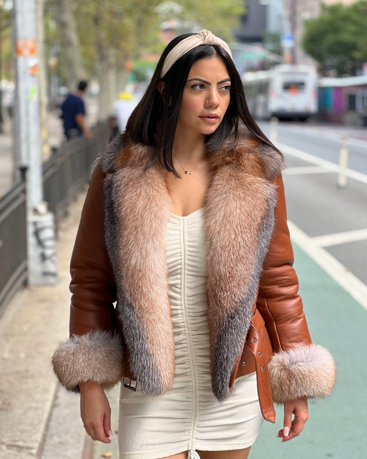 WOMEN SHEARLING- COGNAC WAIST LENGTH WITH CRYSTAL FUR FOX