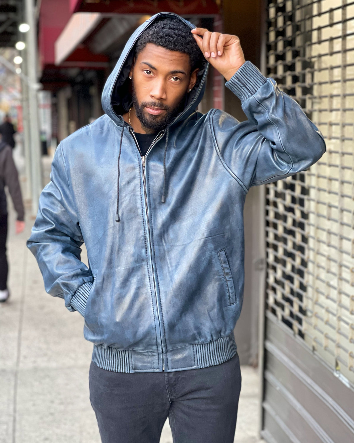 MEN LEATHER HOODIE- DISTRESSED BLUE