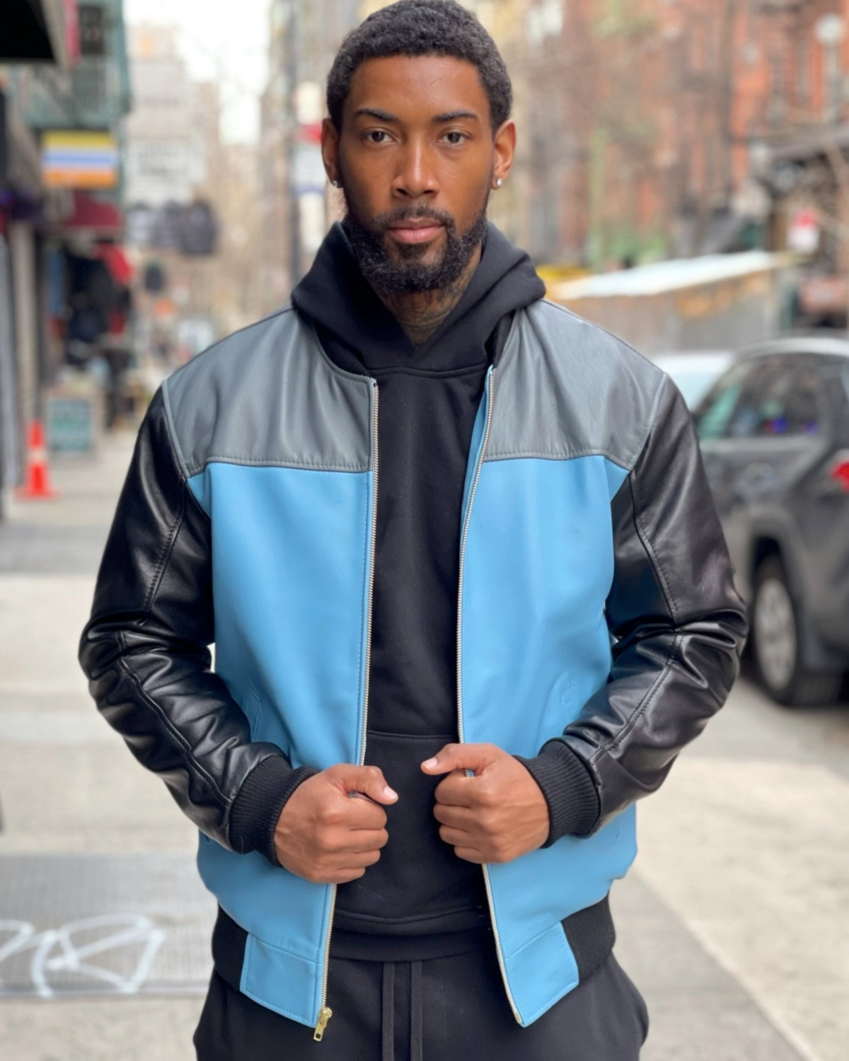 MEN -BASEBALL STYLE JACKET BLACK/BABY BLUE/GREY
