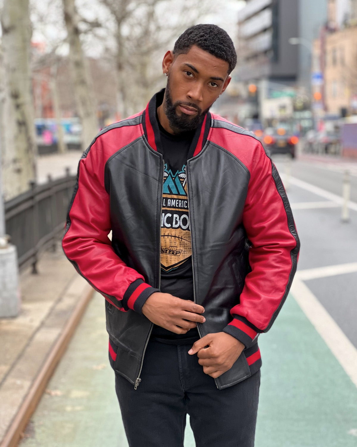 MEN BASEBALL STYLE JACKET- RED AND BLACK