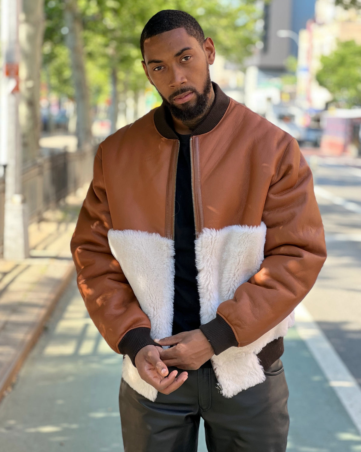 MEN SHEARLING- COGNAC REVERSABLE BASEBALL STYLE BOMBER