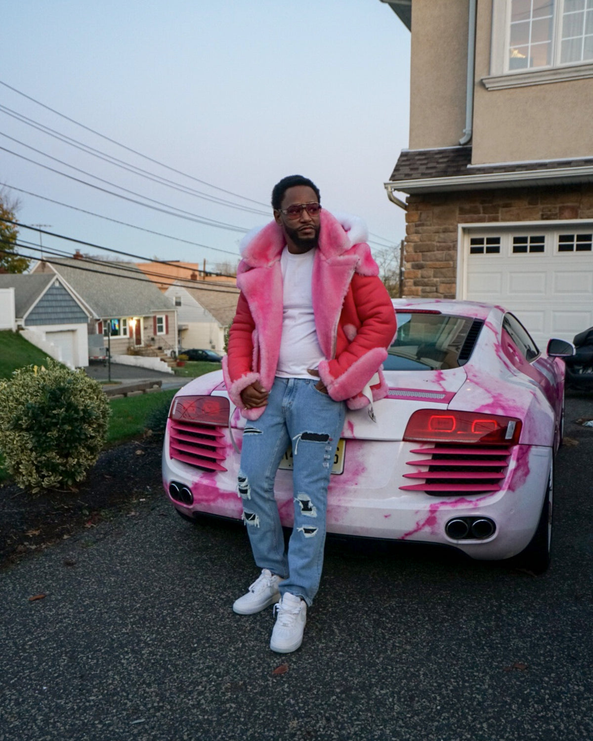 MEN SHEARLING- CAMRON PINK BIKER STYLE WITH WHITE FOX HOOD