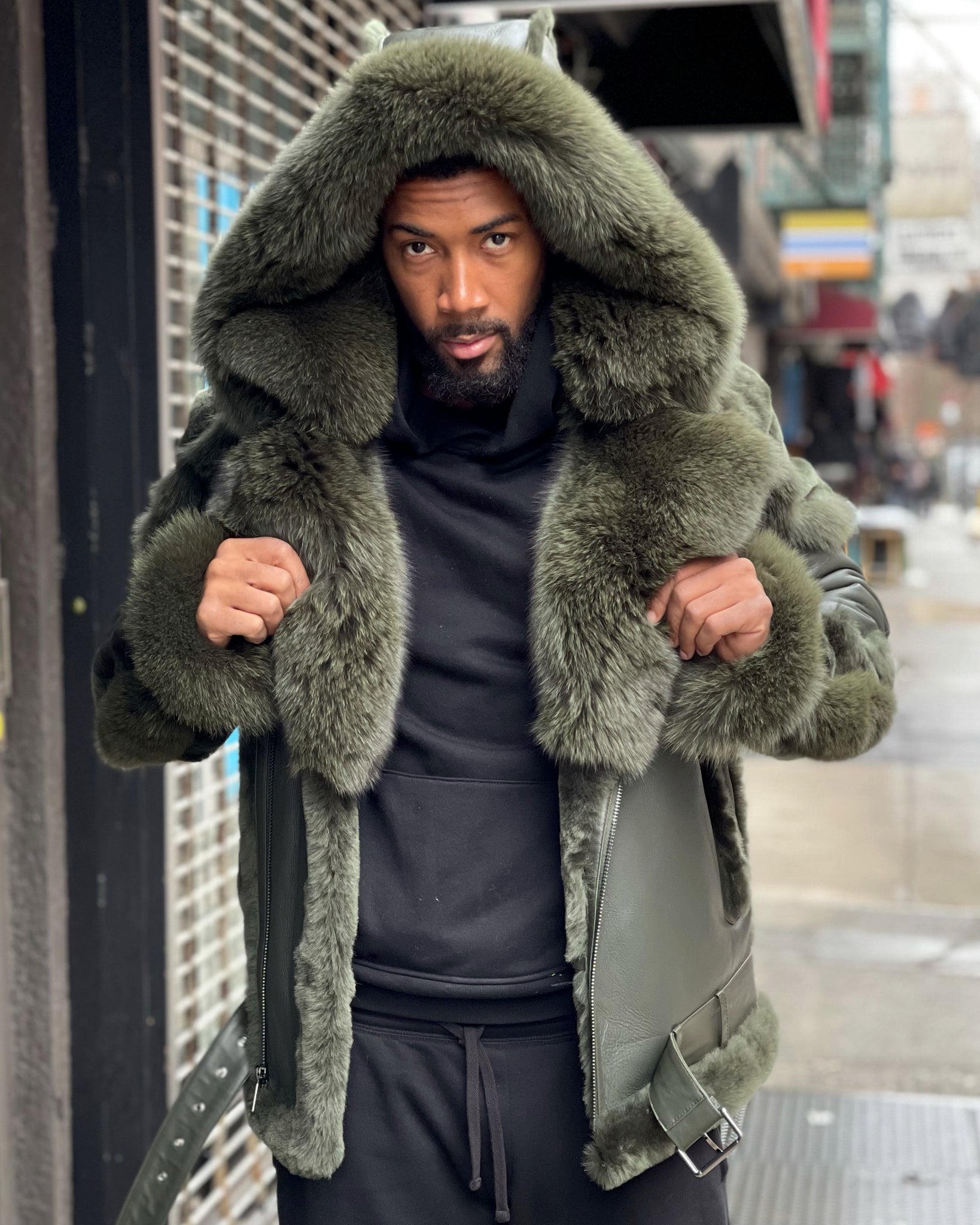 MEN SHEARLING- OLIVE GREEN BIKER STYLE WITH FOX FUR – DaRucci Leather