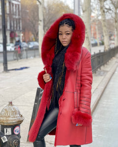 WOMEN SHEARLING- 3/4 LONG RED SHEARLING WITH RED FOX FUR AND HOOD