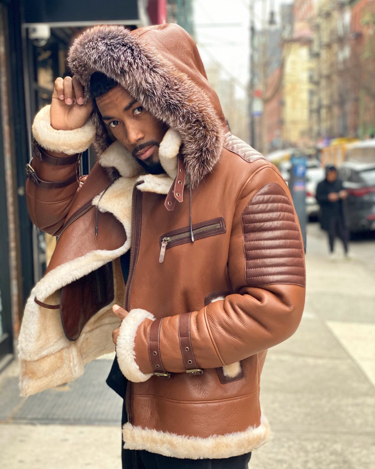 MEN SHEARLING-  TAN RIBBLES SHEARLING WITH FOX HOOD
