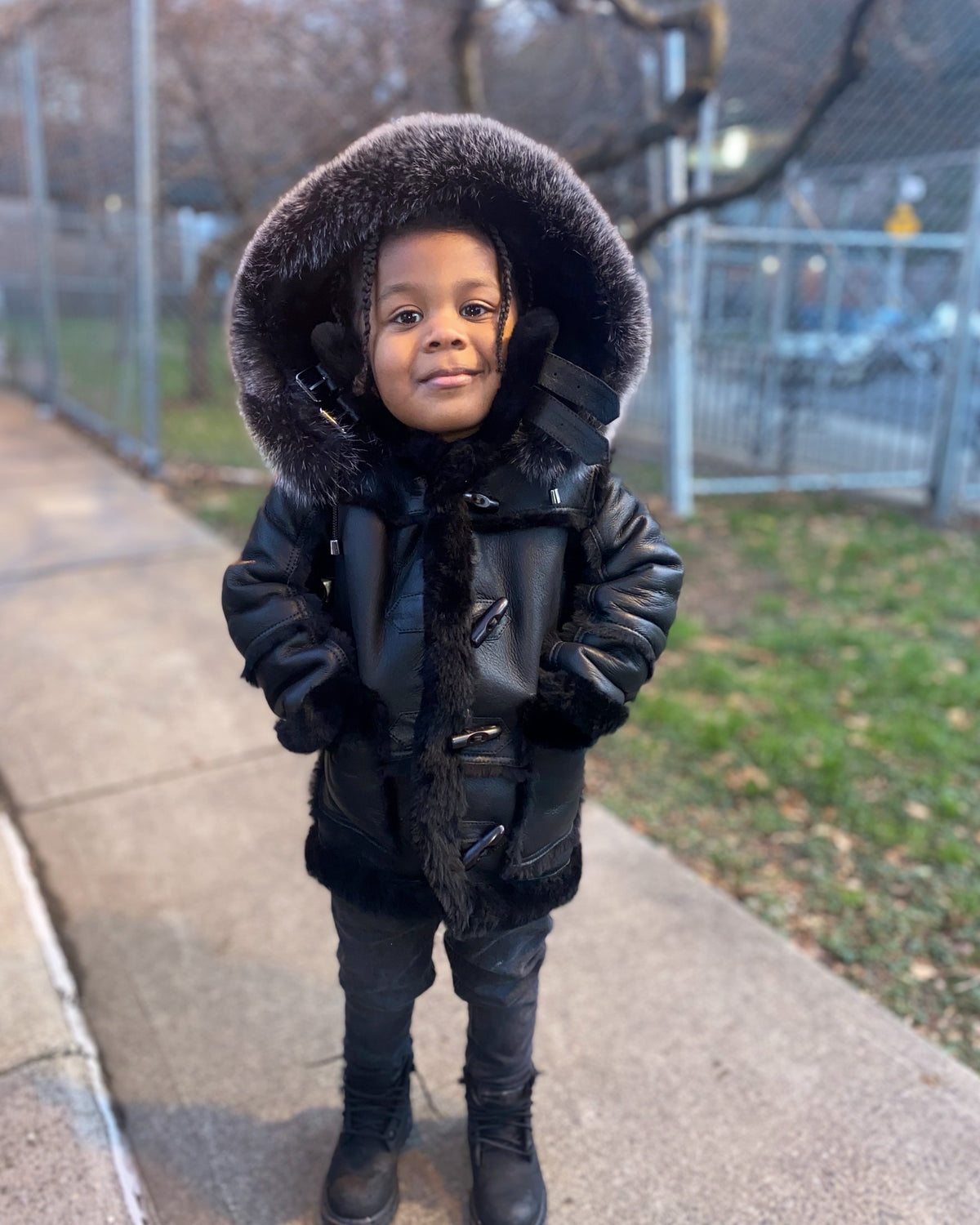 KIDS- BLACK 3/4 SHEARLING WITH GREY FOX FUR HOOD